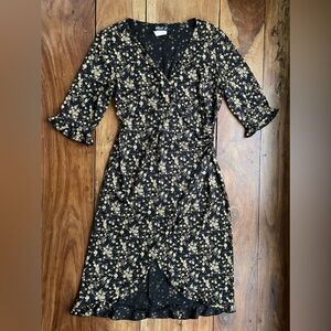 Vintage Women's Black Floral Wrap Dress by Next Up, Size Medium